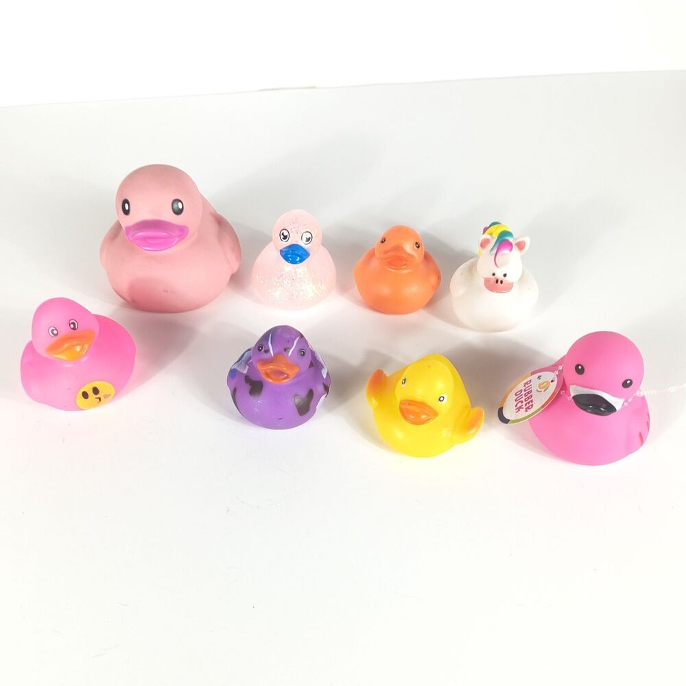 Lot of 8 Cute Rubber Ducks Bath Toys Unicorn Emoji Glitter Party Favor Set